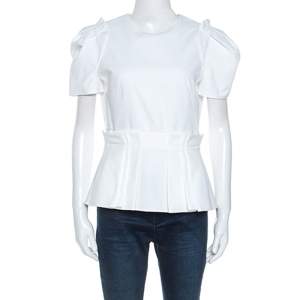 Alexander McQueen White Pique Cotton Short Sleeve Peplum Top M