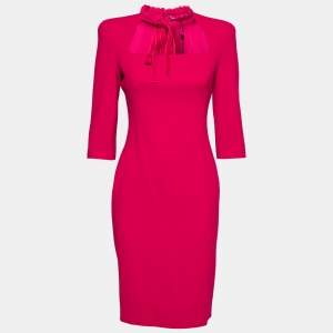 Pre Owned  Alexander McQueen Fuschia  Crepe Ruffle Trim Bow Neckline Detail Dress S