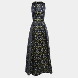 Alexander McQueen Navy Blue Floral Jacquard Sleeveless Gown S