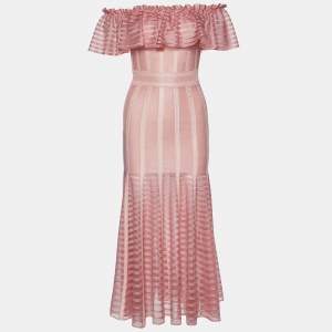 Pre Owned Alexander McQueen Pink Sheer Knit Off Shoulder Maxi Dress XS
