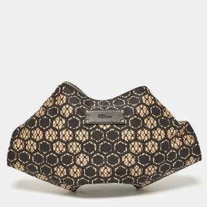 Alexander McQueen Black/Beige Printed Satin and Leather De Manta Clutch