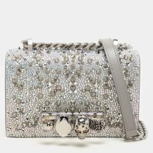 Alexander McQueen Grey Embellished Suede Mini Jewelled Shoulder Bag