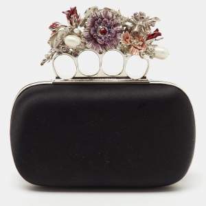 Alexander McQueen Black Satin Floral Knuckle Clutch