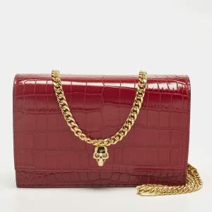 Pre Owned Alexander McQueen Skull Red Croc Embossed Leather Chain Shoulder Bag