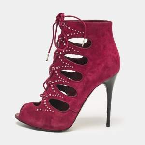 Alexander McQueen Burgundy Suede Studded Cut Out Ankle Booties Size 37