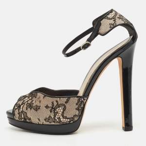 Alexander McQueen Black/Beige Lace and Patent Leather Platform Sandals Size 40