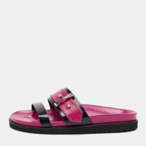 Pre Owned Alexander McQueen Pink/Black Ostrich Leg and Leather Flat Slides Size 38