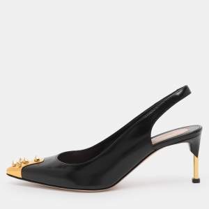 Pre Owned Alexander McQueen Black Patent Leather Punk Spike Slingback Pumps Size 39