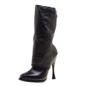 Pre Owned Alexander McQueen Black Perforated Leather Mid Calf Boots Size 38