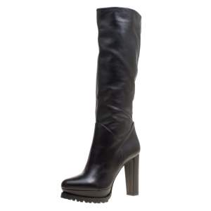 Pre Owned Alexander McQueen Black Leather Platform Knee Boots Size 38