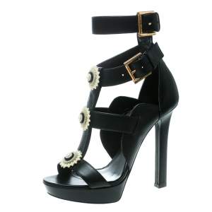 Pre Owned Alexander McQueen Black Leather French Gloss Platform Strappy Sandals Size 38.5