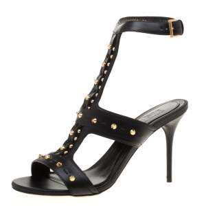 Pre Owned Alexander McQueen Black Leather Spike Studded Ankle Strap Sandals Size 38