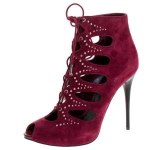 Alexander McQueen Burgundy Cutout Suede Studded Lace Up Booties Size 37.5