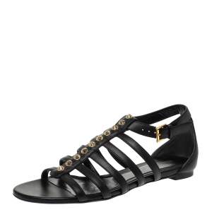 Pre Owned Alexander McQueen Black Leather Spike Detail Flat Gladiator Sandals Size 37.5