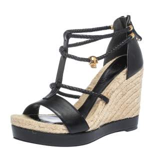 Pre Owned Alexander McQueen Black Braided Leather T Strap Espadrille Wedge Sandals Size 38