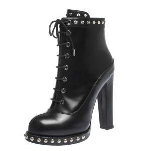 Pre Owned Alexander McQueen Black Leather Hobnail Platform Ankle Booties Size 39