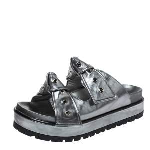 Alexander McQueen Metallic Grey Leather Birkenstock Rivet Bow Tie Slide Sandals Size 38.5