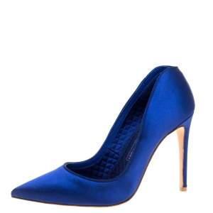 Pre Owned Alexander McQueen Electric Blue Satin Heart Pointed Toe Pumps Size 37