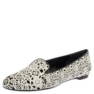 Pre Owned Alexander McQueen White Leather Monochrome Laser Cut Smoking Slippers Size 39