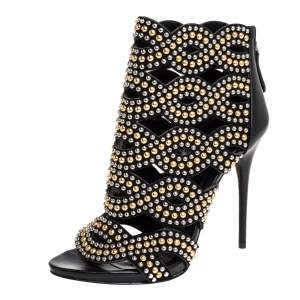 Pre Owned Alexander McQueen Black Leather Studded Peep Toe Ankle Boots Size 36 