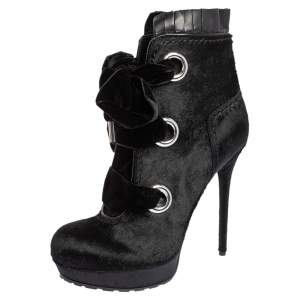 Alexander McQueen Black Pony Hair Platform Ankle Boots Size 39