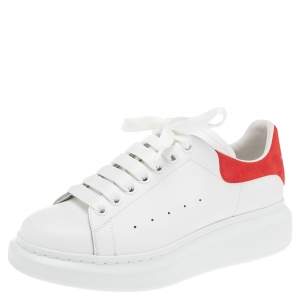 Pre Owned Alexander McQueen White/Red Leather and Suede Oversized Sneakers Size 38.5