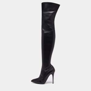 Pre Owned Alexander McQueen Black Leather Over The Knee Boots Size 37 