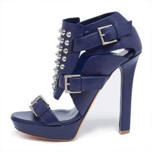 Alexander McQueen Navy Blue Leather Stud Embellished Buckle Detail Platform Sandals  Size 40