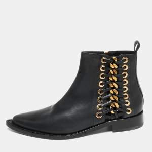 Pre Owned Alexander McQueen Black Leather Braided Chain Ankle Boots Size 37
