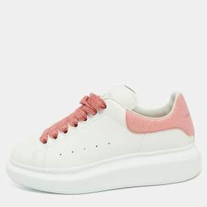Pre Owned Alexander McQueen White/Pink Leather and Glitter Runway Sneakers Size 36