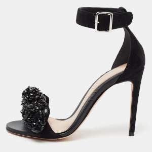 Alexander McQueen Black Suede Embellished  Jewel Bow Ankle Strap  Sandals Size 36