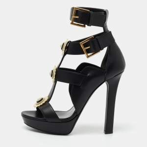 Pre Owned Alexander McQueen Black Leather French Gloss Platform Strappy  Sandals Size 38