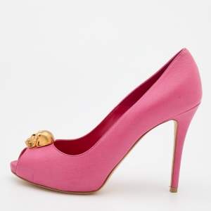 Pre Owned Alexander McQueen Pink Leather Skull Embellished Peep Toe Pumps Size 38.5