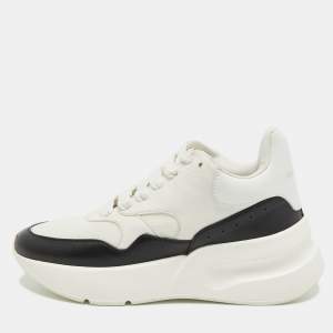 Pre Owned Alexander McQueen White/Black Leather and Mesh Oversized Runner Sneakers Size 35