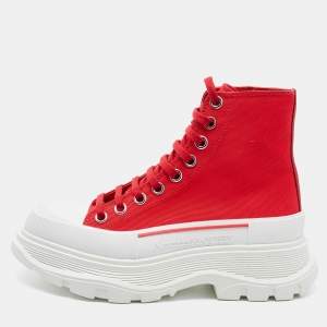 Pre Owned Alexander McQueen Red Canvas Tread Slick High Top Sneakers Size 36