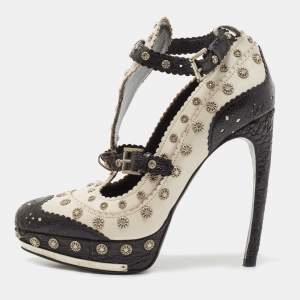Pre Owned Alexander McQueen Black /White Leather and Croc Embossed Studded Ankle Strap Pumps Size 38.5
