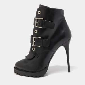 Pre Owned Alexander McQueen Black Leather Buckle Detail Boots Size 40