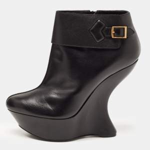 Pre Owned Alexander McQueen Black Leather Curved Heel Ankle Length Boots Size 40