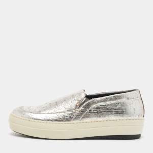 Pre Owned Alexander McQueen Sliver Leather Slip On Sneakers Size 38