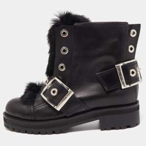 Alexander McQueen Black Leather and Fur Buckle Detail Ankle Boots Size 40