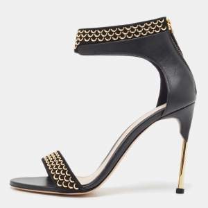 Pre Owned Alexander McQueen Black Leather and Suede Embellished Ankle Cuff Sandals Size 41