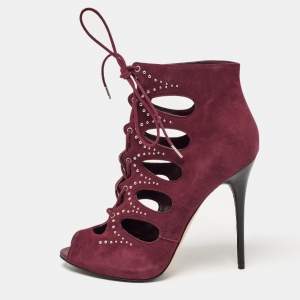 Alexander McQueen Burgundy Suede Cut Out Studded Sandals Size 38