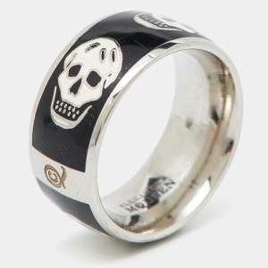 Alexander McQueen Silver Tone Black Enamel Skull Ring Size 55