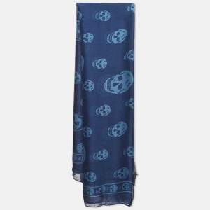 Alexander McQueen Blue Skull Print Chiffon Silk Scarf