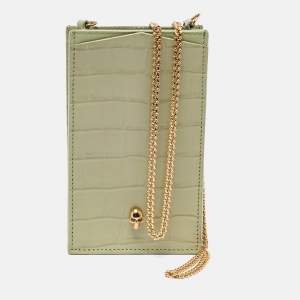 Alexander McQueen Light Green Croc Embossed Leather Skull Phone Case