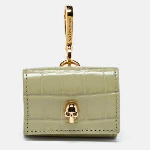 Alexander McQueen Light Green Croc Embossed Leather Skull Air Pod Pro Case