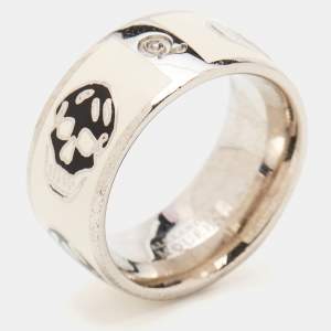 Alexander McQueen Silver Tone Black/White Enamel Skull Ring Size 55