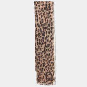 Alexander McQueen Brown Leopard and Skull Print Silk Scarf