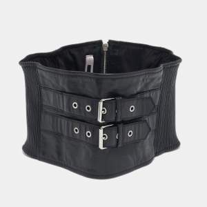 Alexander McQueen Black Pleated Leather Waist Belt 70 CM