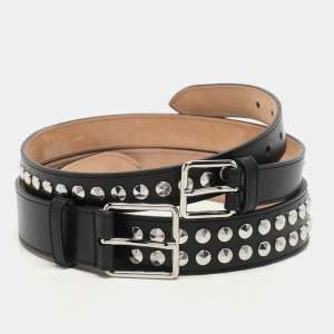 Alexander McQueen Black Leather Studded Double Waist Belt 65CM